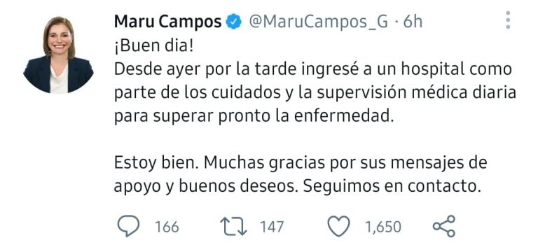 Es hospitalizada Maru Campos tras contagio de Covid-19