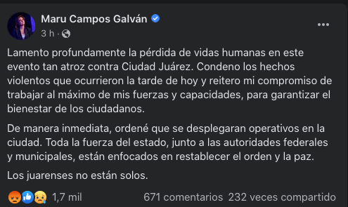 Diez horas después Maru Campos se pronuncia por ataques en Juárez