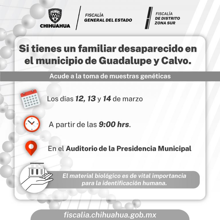 Realizarán toma de muestras genéticas para identificar desaparecidos en Guadalupe y Calvo