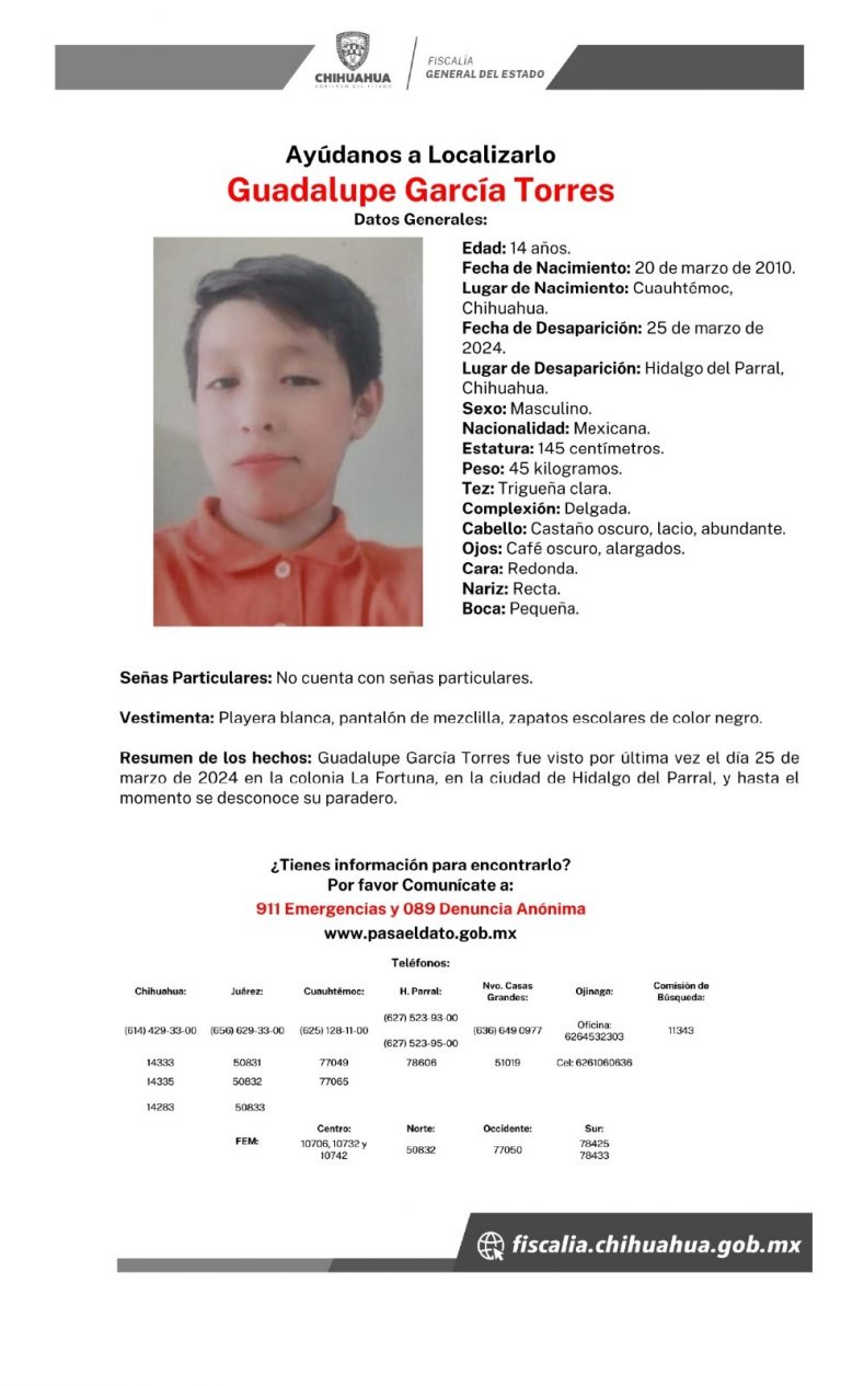 Busca FGE a Guadalupe García Torres, reportado como ausente en Parral