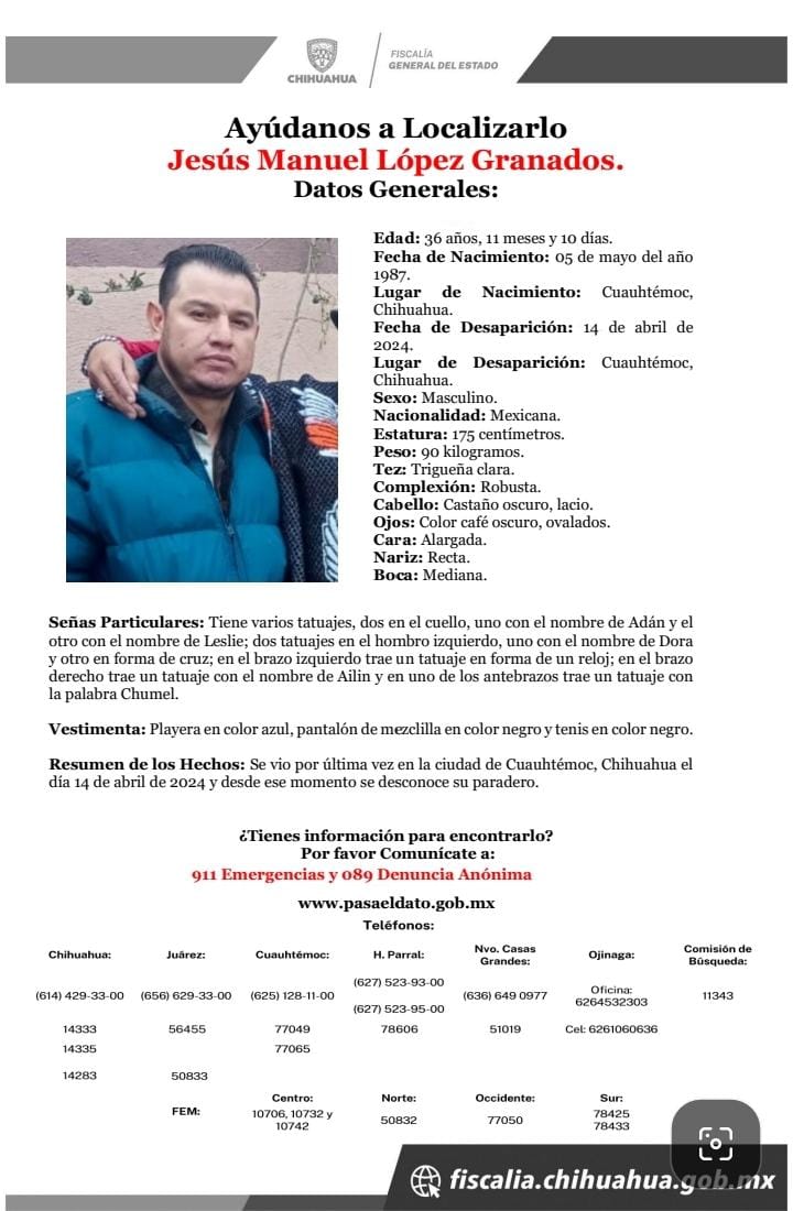 Realizan rastreo en fraccionamiento en Cuauhtémoc en busca de Jesús Manuel López Granados