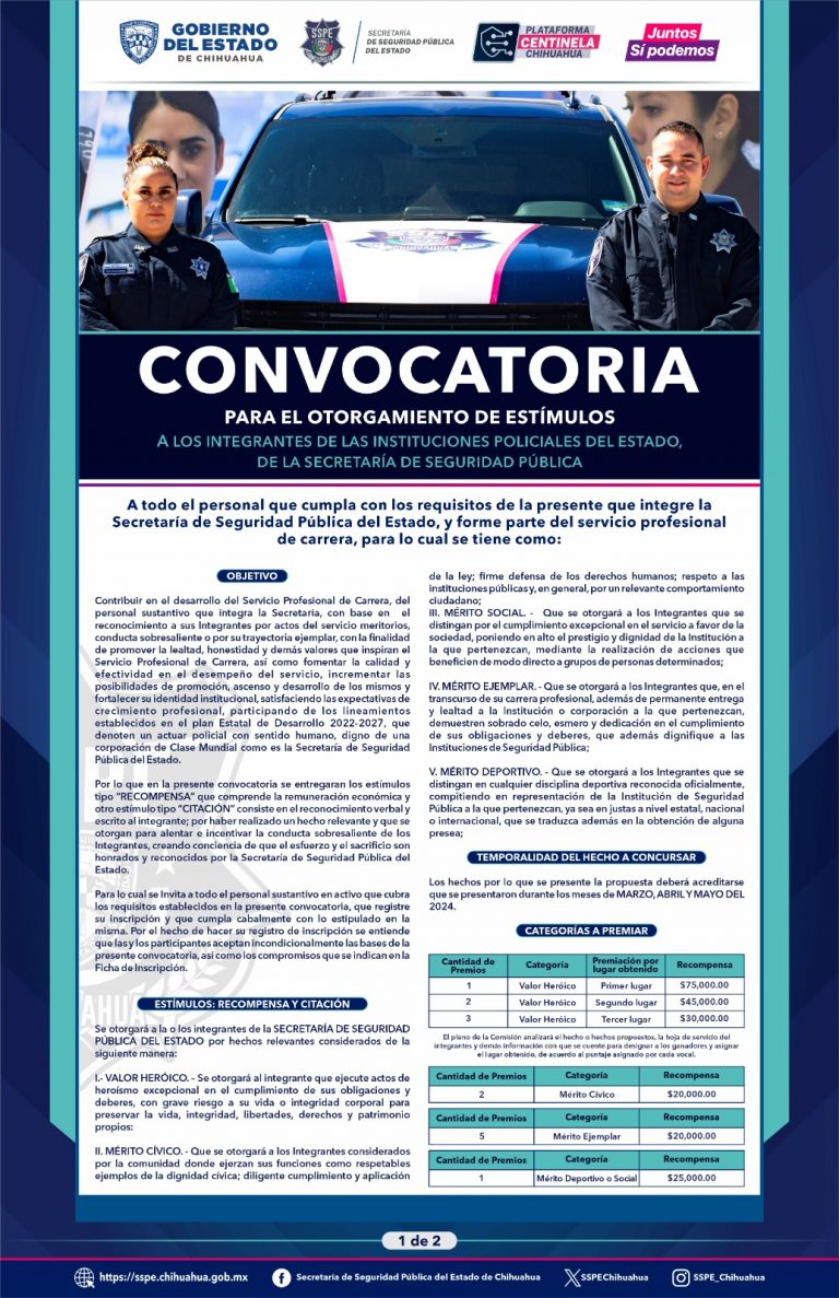 Lanza SSPE convocatoria para Estímulos Policiales del Segundo Trimestre de 2024