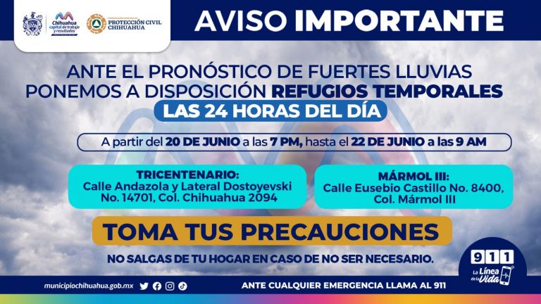Habilitarán refugios temporales del Gobierno Municipal por pronóstico de lluvias
