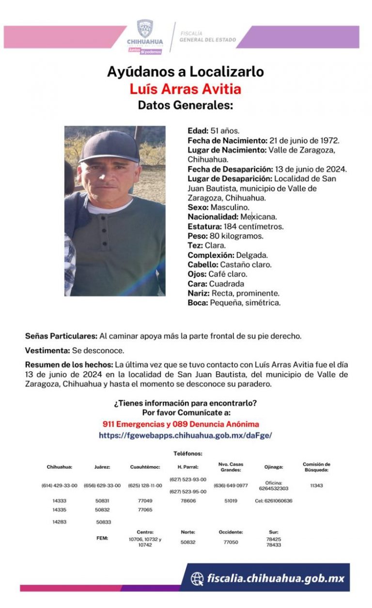 Realiza FGE rastreo para localizar a Luis Arras Avitia en Valle de Zaragoza