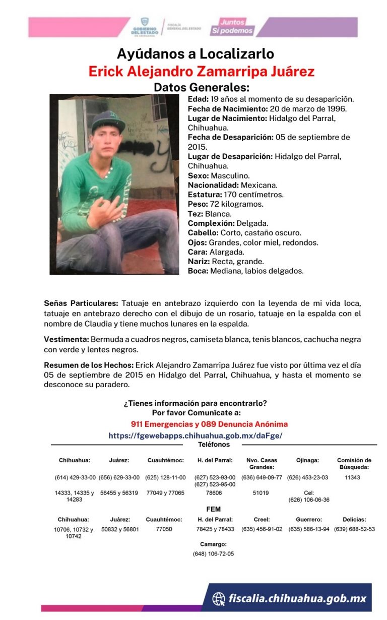 Realiza Fiscalía Sur operativo de búsqueda de Erick Alejandro Zamarripa Juárez