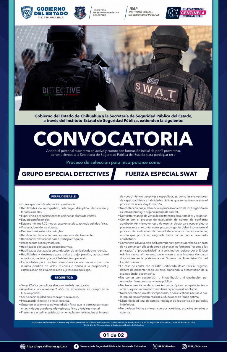 Emite SSPE convocatoria para integrar a la Fuerza Especial SWAT y al Grupo Especial Detectives
