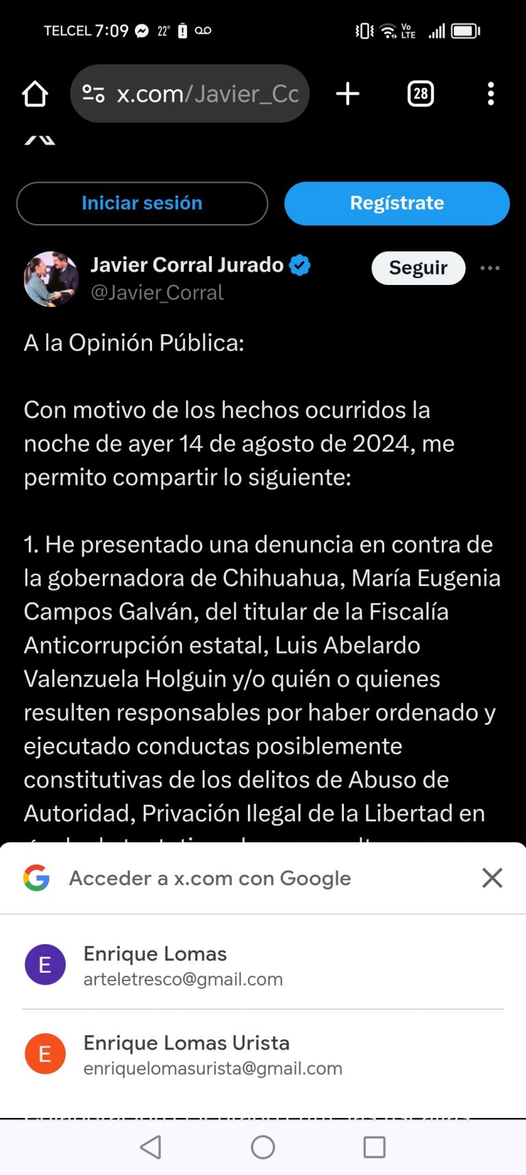 Tras fallido intento de detención, Javier Corral presenta denuncia contra&nbsp; gobierno de Chihuahua