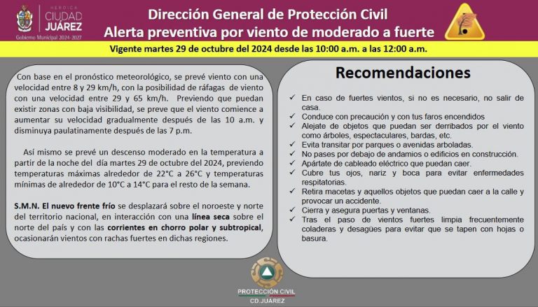 Emite protección civil alerta por vientos para este martes en Juárez