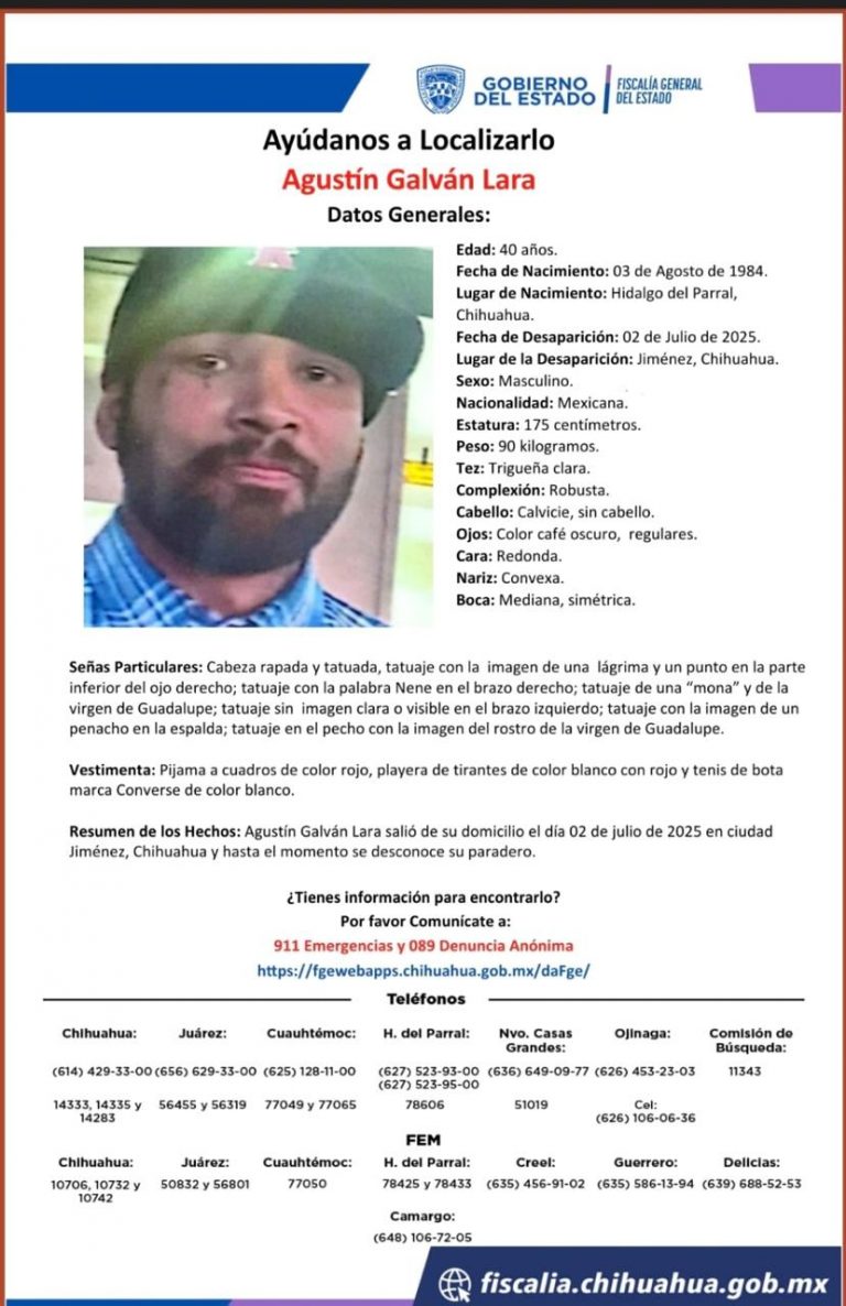 Busca FGE a Agustín Galván Lara, desaparecido en Jiménez
