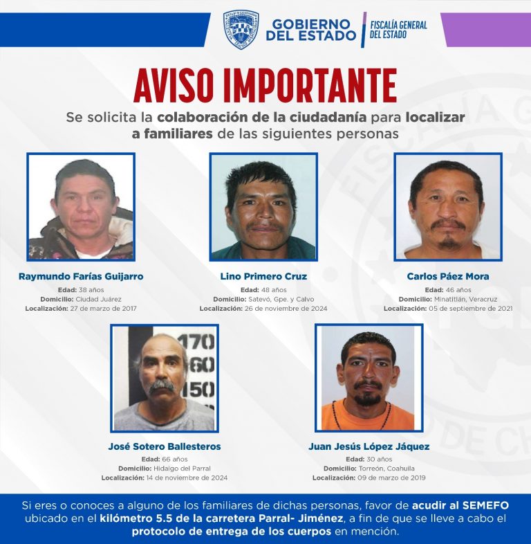 Solicita FGE apoyo para localizar a familiares de cinco personas fallecidas que se encuentran en el SEMEFO de Parral