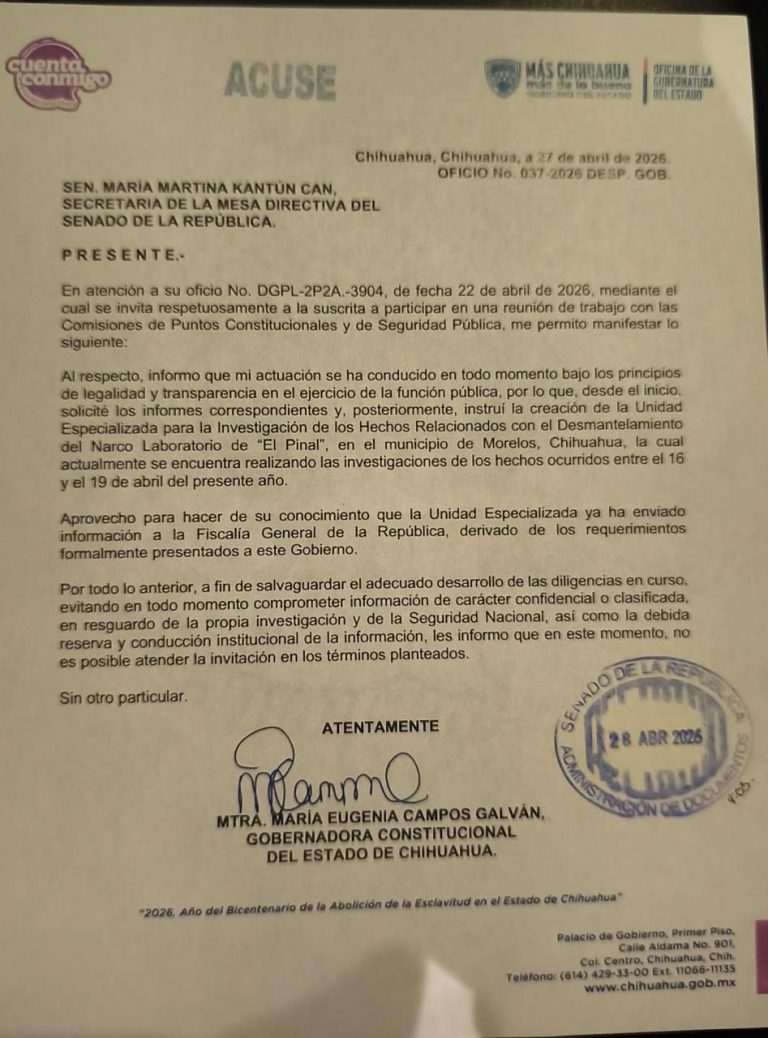 ALERTA: Maru Campos declina reunión en el Senado para no comprometer investigación sobre narcolaboratorio