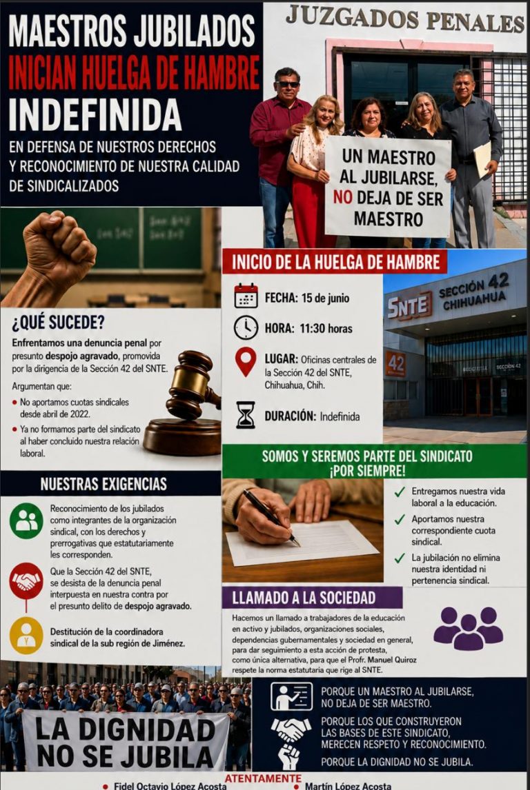 Maestros jubilados iniciarán huelga de hambre indefinida en Chihuahua por conflicto con el SNTE
